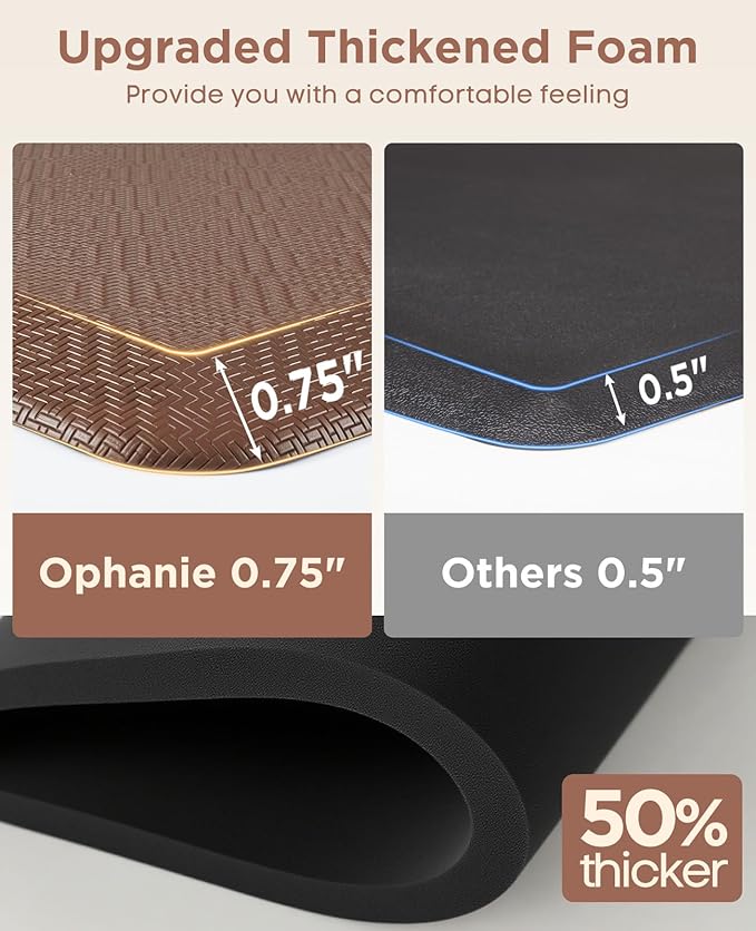 Ophanie Kitchen Mats for Floor, 3/4 Inch Thick Kitchen Rugs, Anti Fatigue Standing Cushioned Mat, Waterproof,Comfort Ergonomic Mat for Office, Home, Sink, 24'' x 70'' Brown Non-Slip Bottom
