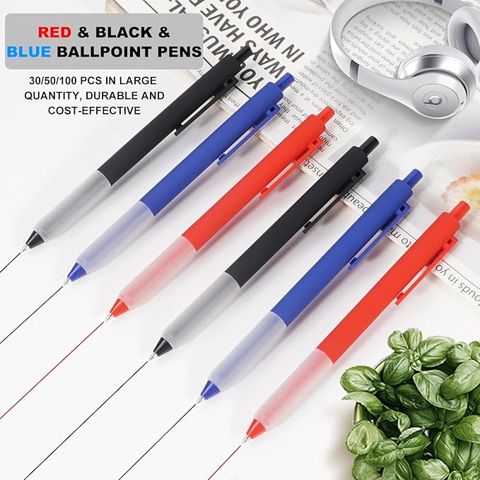 Pens Bulk, 50 Pcs Retractable Ballpoint Pens Medium Point (1.0mm) Rollerball Pens for Smooth Writing Women Men Gifts, (20Black&20Blue&10Red Ink) for Journaling School and Office Supplies Use