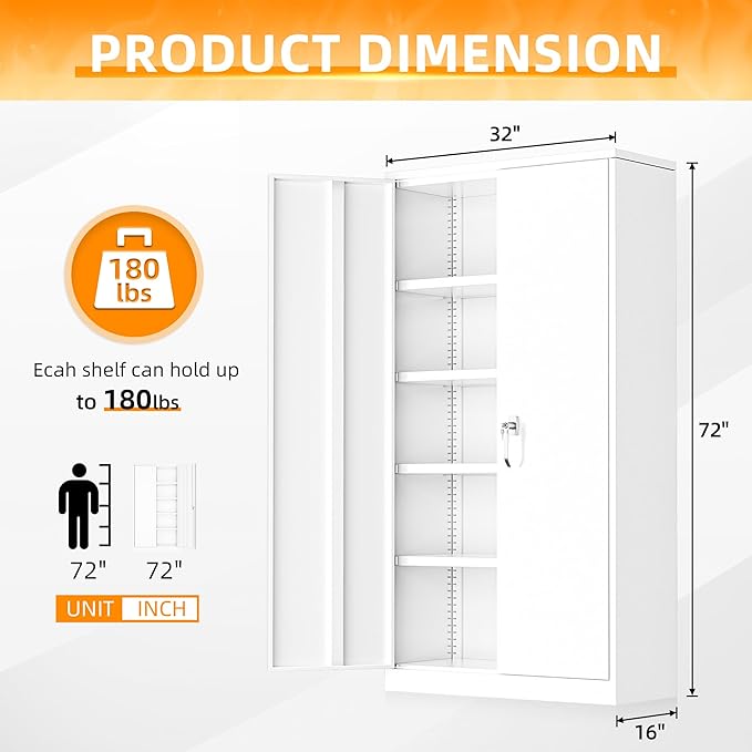 INTERGREAT Metal Storage Cabinet with Doors and Shelves,72" H White Steel Tool Locking Cabinet, Metal Storage Cabinet for Home Office, Warehouse, School