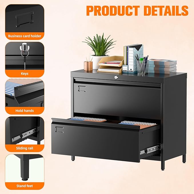 Lateral File Cabinet with 2 Drawers, Metal Wide Lateral Filing Cabinet with Lock for Hanging Files Letter/Legal/F4/A4 Size for Home Office School, 2 Drawer, Assembly Required, Black