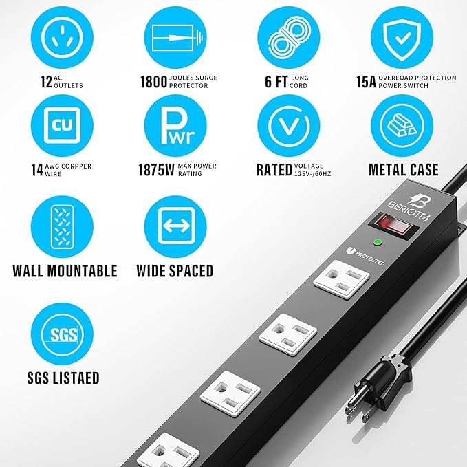 12 Outlet Surge Protector Metal Power Strip, 1800J Mountable Power Outlet, Heavy Duty Workshop Metal Power Strip for Commercial, Industrial, School and Home,15A 125V 1875W (6FT)