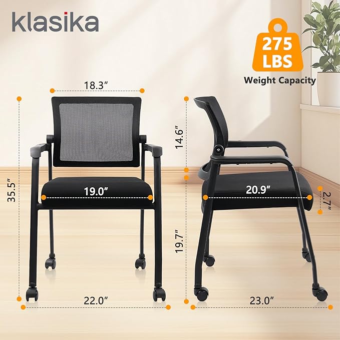 Waiting Room Chairs with Wheels, Adjustable Mesh Backrest, Desk Chair with Ergonomic Lumbar Support and Thickened Seats Cushion, 4 Pack Black