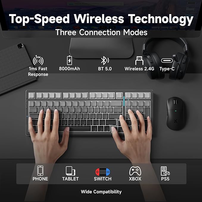G98 PRO Wireless Mechanical Keyboard, Tri-Mode Connection Gaming Keyboard, Hot Swappable Custom Gasket Structure Pre-lubed Linear Switches Double Shot PBT Keycaps RGB LED Backlit Gradient Black