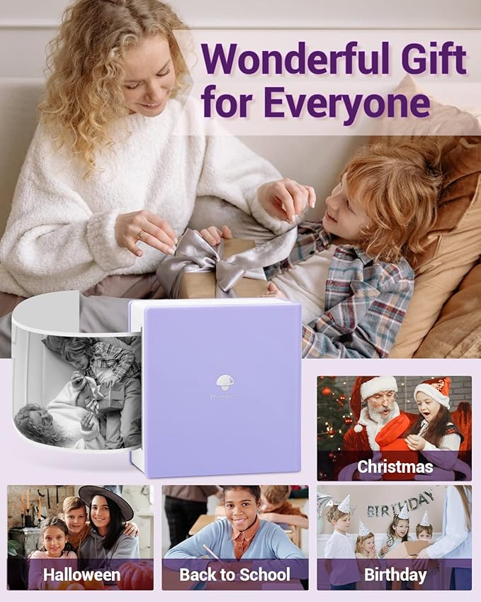 Phomemo Mini Sticker Printer- Mini Printer Sticker Maker Machine M02, Print Pods Suitable for Creative DIY, Diaries, Photos, Study Notes, Portable Thermal Inkless Label Maker for Home/Travel, Purple