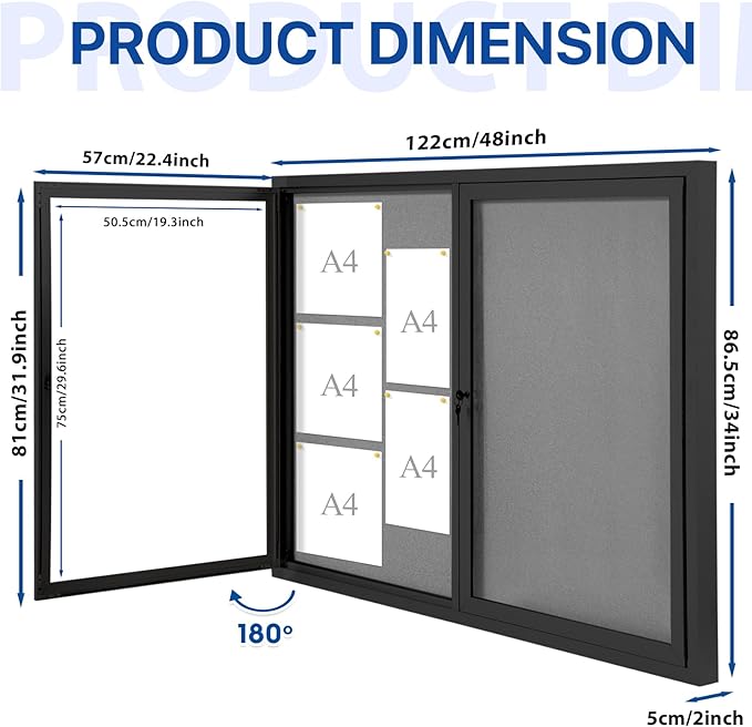 SWANCROWN Enclosed Bulletin Board 48x36in, Outdoor Bulletin Board Weatherproof for Office School Commerce, Grey Felt, Black Aluminum Frame