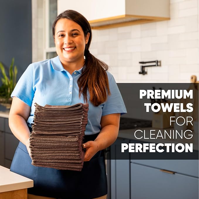 MW Pro Microfiber Cleaning Cloth | Brown | 12 Pack | 16” x 16” | Coffee, Barista, Espresso Towels - Clean, Dust, Polish, Scrub, Absorbent