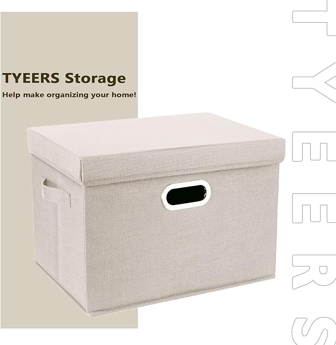 TYEERS Large Storage Bins with Lids, Collapsible, Washable, Fabric Storage Boxes for Organizing, 17.3x11.8x11.4 inches, 3 Pack, Beige
