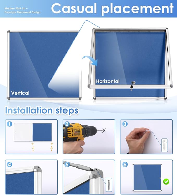 Swansea Blue Fabric Lockable Noticeboard Enclosed Pin Bulletin Board Glass Display Case for Wall Office School 6xA4