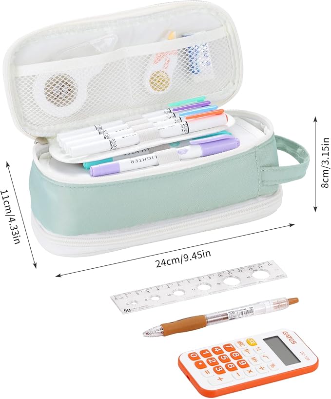 Dugio Big Pencil Case for Girls Teens Kids Zipper Pencil Pouch with Handle Organizer Pencil Bag Aesthetic Pencil Box for School Green
