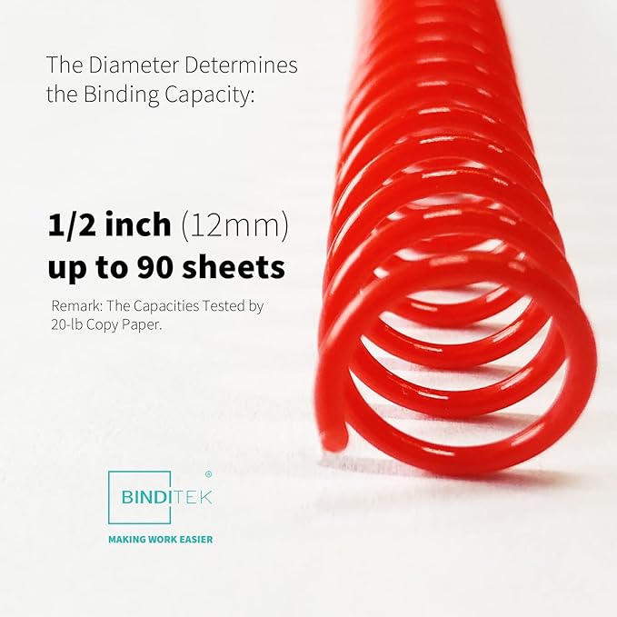 Binditek 50 Pack Plastic Spiral Binding Coils, 12mm(1/2"), 90 Sheet Capacity, 4:1 Pitch, Multi Color (Red, Blue, Yellow, Green, Pink), for Students and Coworkers