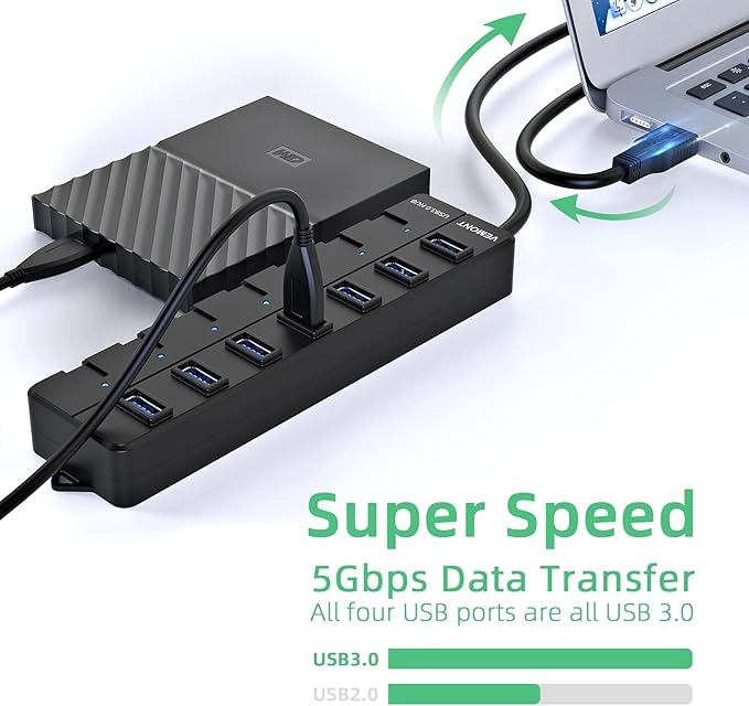 USB hub,7 Port USB 3.0 Hub,VEMONT USB Splitter with Individual On/Off Switches and Lights, 4ft/1.2m USB HUB Long Cable, USB Extension for Laptop and PC Computer