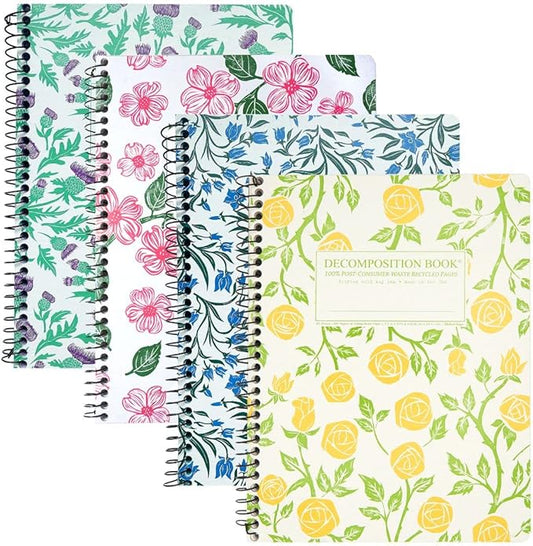 Decomposition 4-Pack Flowery Bouquet College Ruled Spiral Notebook - 9.75 x 7.5 Journal with 160 Lined Pages - 100% Recycled Paper - Cute Notebooks for School Supplies, Home & Office - Made in USA