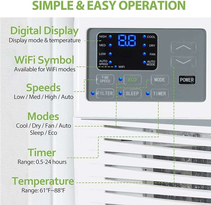 WiFi Enabled 8,000 BTU Window Air Conditioner, Smart Window AC Unit with Remote and Washable Filter, Energy Saving AC for Home, Bedroom, Cools up to 350 Sq. Ft