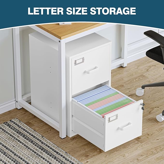 MIIIKO 2 Drawer Filing Cabinet with Lock, Metal Vertical File Cabinets for Home Office, Lockable File Storage Cabinets Under Desk, Letter/A4 File Folders Storage(White-Assembly Required