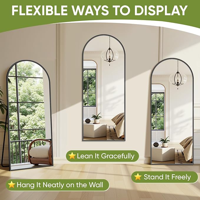 Full-Length Floor Mirror with Stand, 58"x18" Arched Style Full Body Standing Mirror for Bedroom, Living Room, Gym, Dorm - Shatter-Resistant & Easy Assembly, Black
