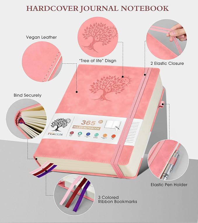 A4 Lined Journal Notebook,365 Page Large Leather Journals for Writing Women Men,Hardcover Notebook with 100Gsm Thick Pages for Travel,Work,School,College Ruled, Daily Diary (8.5" x 11.4")