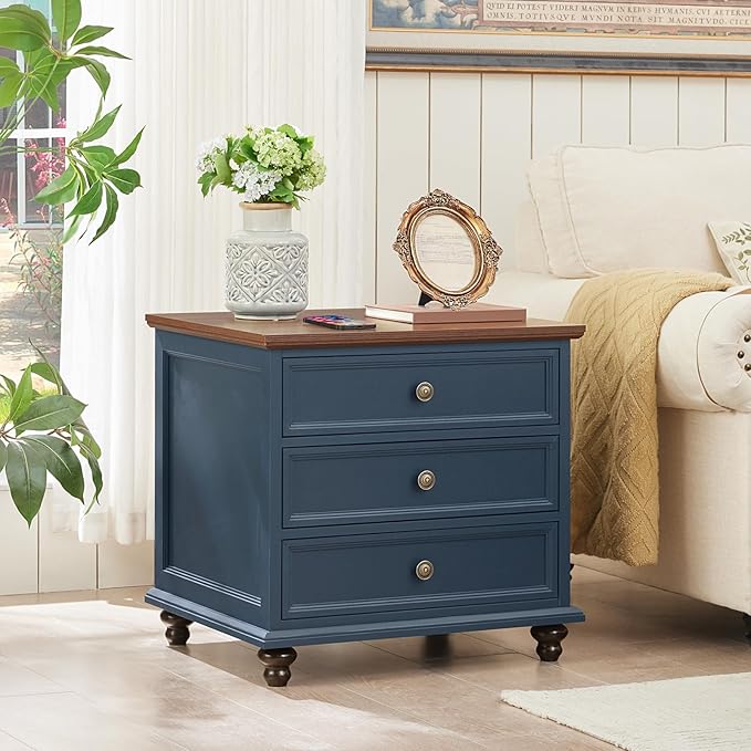 24" Wide Farmhouse Night Stand,Large End Table with 3 Drawers & Metal Handle,Blue Wood Dresser for Bedroom Cabinet, Bed Side Tabl·e Chest of Drawers,Nightstand for Living Room,Close