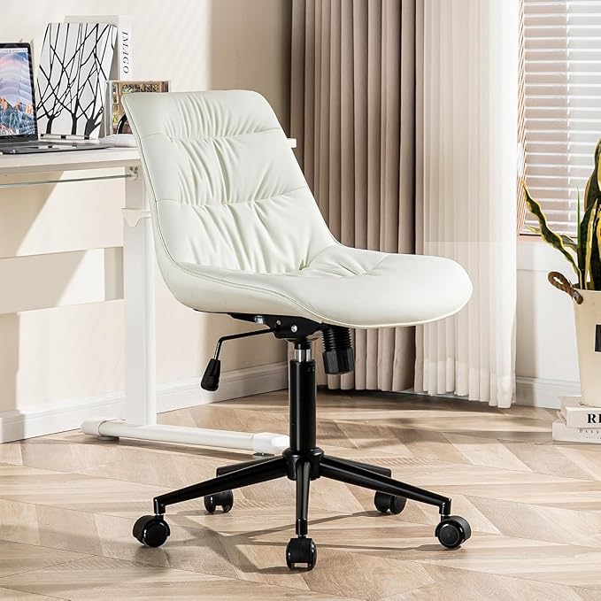 Kidol & Shellder Faux Leather Office Chair, Adjustable Swivel Height Task Chair, Rolling Wheels & Soft Backrest - Armless Ergonomic Desk Chair for Home, Office,Vanity,Gaming(White)