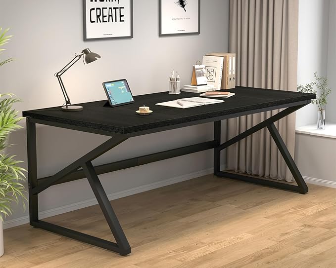 HSH 70 Inch Long Black Desk, Large Metal Wood Computer Desk for 2 Monitors, Modern Home Office PC Laptop Desk for 2 People Executive Writing Work Study Gaming, Simple Bedroom Living Room Black Table