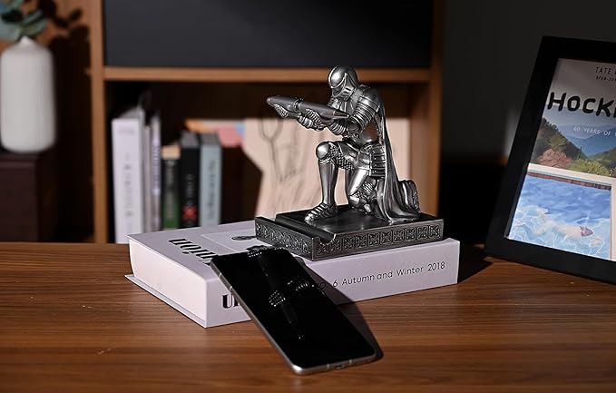 Windbreaker Soldier Knight Pen Holder Personalized Desk Accessory, Mobile Phone & Gaming Controller Holder, Device Stand Gift for Medieval Enthusiasts (Silver)