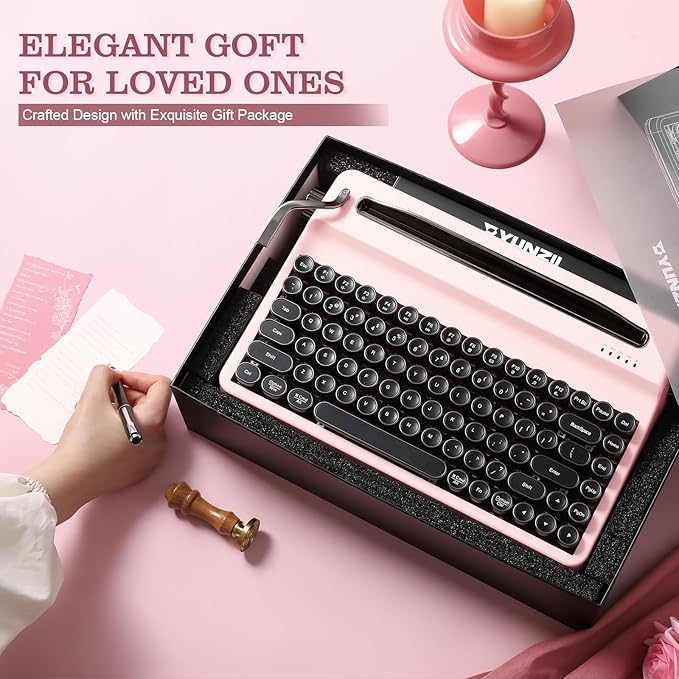 YUNZII QL75 Wireless Typewriter Hot Swap Retro Mechanical Keyboard,Punk Round Keycaps,RGB Backlit QMK/VIA Programmable,Multi-Device Keyboard with 2.4GHz/Type-C/BT5.0 (Pink, Onyx Switch)
