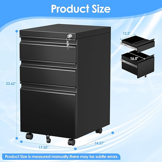 3 Drawer Under Desk Mobile File Cabinet with Lock, Metal Storage Cabinet for Office & Home, Legal/Letter Size, Fully Assembled Except Wheels, Black