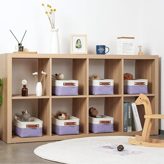 DULLEMELO Small Storage Baskets 6 Pack, Fabric Collapsible Gift Storage Baskets for Shelves, Closets, Nursery, Home, Office Organizing,Small Canvas Linen Rectangular Storage Bins (White&Purple)