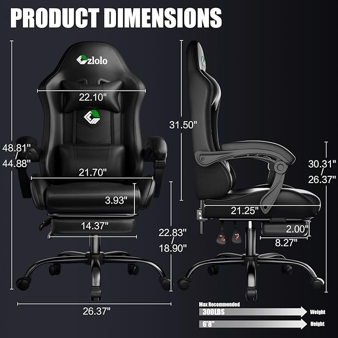 Gaming Chair, Ergonomic Office Computer Chair with Footrest and Lumbar Support Massager Racing Style High Back Video Gamer Chair, Wide&Thick Cushion, 90°-135° Recline, Adjustable Height, Black