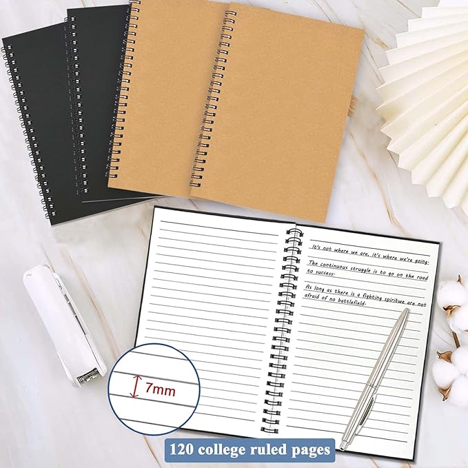 GINMLYDA 4Pack Small Spiral Notebook A5, 8.25x5.5” 120 Lined Pages Wide Ruled Spiral Journal Bulk Blank Kraft Cover Spiral Bound Notebook & Writing Pads for Home Office Meeting Work Note Taking