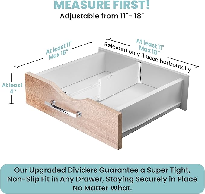 RAPTUROUS Adjustable Drawer Dividers 4 Pack, 4” High, 11-17” Long, Dresser Drawer Divider for Bedroom, Closet, Kitchen, Nursery Organization, Office, Strong & Sturdy Hold, Soft Foam Edges(White)