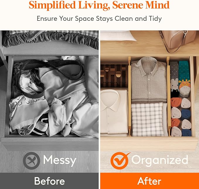 Lifewit 8 Pack Drawer Dividers Bamboo 6" High, 16-22" Adjustable Clothes Drawer Organizers, Expandable Dresser Separators in Bedroom/Bathroom/Kitchen/Office Organization and Storage