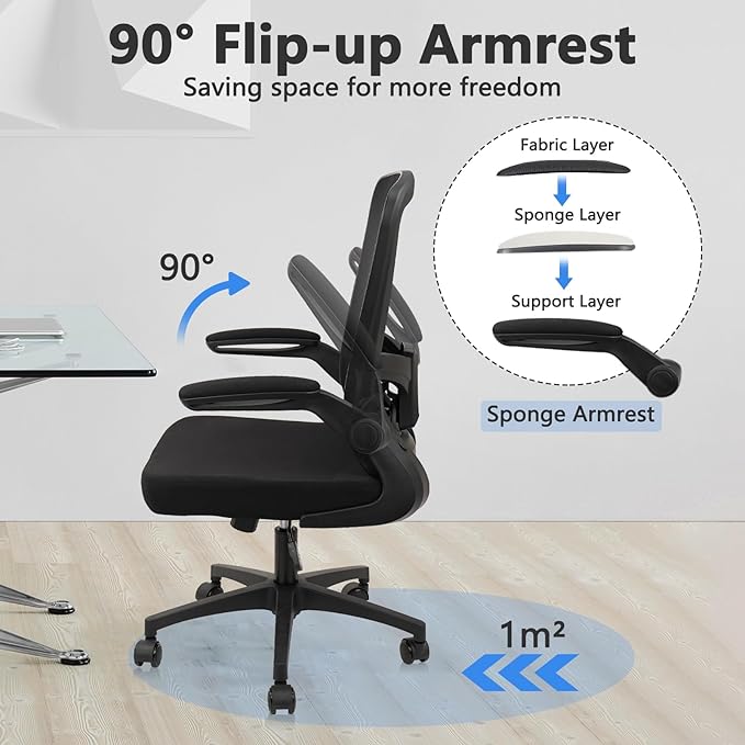Office Desk Chairs with Wheels, Ergonomic Mesh Chair with Adjustable Height Lumbar Support, Rolling Swivel Computer Task Chair with Flip Up Armrests for Home, Study, Conference, Black
