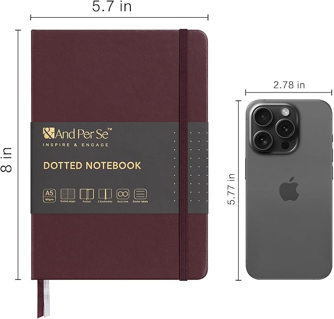 &And Per Se Dotted Journal Notebook, A5 Hardcover Leather Bullet Dotted Journal, 160 Pages 100 gsm Thick Paper,3 Sheets of Stickers Included - 5.7'' x 8''(Dark Red)