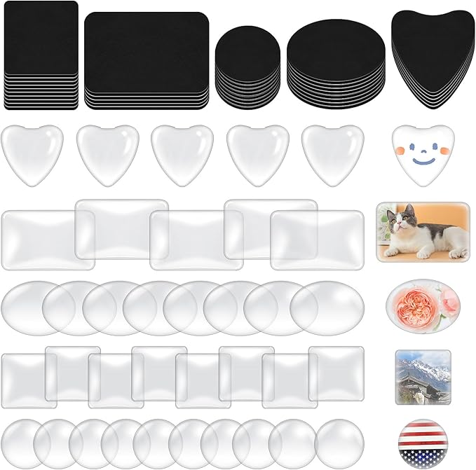 Glarks 72pcs Fridge Magnets Craft Set Round/Oval/Square/Heart/Rectangle Shape Ferrite Ceramic Magnets with Adhesive Backing and Transparent Glass Cabochons for Fridge Office Locker Whiteboard Making