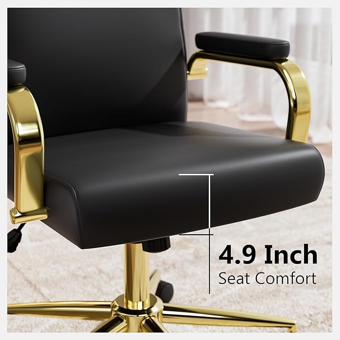 Black and Gold Office Chair Memory Foam, High Back Office Chair with Arms and Wheels, Leather Executive Computer Desk Chair with Back Support for Women Girls and Adults