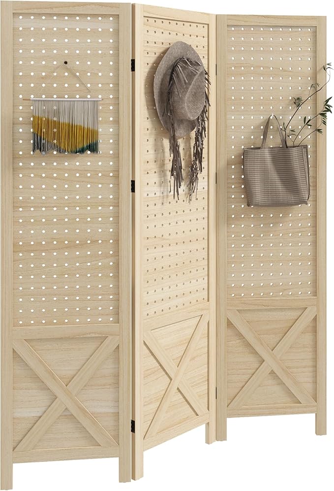 NicBex Room Divider 3 Panel Room Dividers with Pegboard Design Partition Room Dividers and Folding Privacy Screens 4.7 FT Wall Divider for Home, Office, Room Separation,45"W x 0.75"D x 57"H, Natural