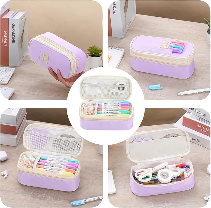 Pencil Case Aesthetic Pencil Bag with Zipper Pencil Pouch Big for Girls Kids Teens Adults Stationery Pencil Case Organizer for School Purple
