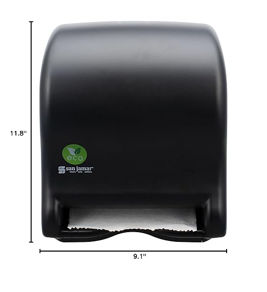 San Jamar Ecologic Tear-N-Dry Recycled Plastic Electronic Paper Towel Dispenser, Battery Powered Towel Dispenser, Wall Mounted Dispenser with Zero Waste for Home and Business, 10 Inch Rolls, Black