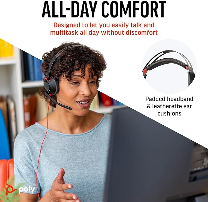 Poly Blackwire 5220 Wired Headset (Plantronics) Flexible Noise-Canceling Boom Mic Ergonomic Design - PC/Mac, Mobile via USB-C, USB-A, 3.5mm - Works w/Teams, Zoom - Amazon Exclusive (9P7X6AA)
