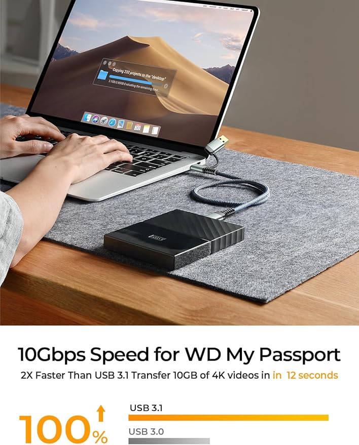 AINOPE 10Gbps Micro B to USB C External Hard Drive Cable 1.5FT, Nylon Braided External Hard Drive Cord Compatible with MacBook Pro/Air, Tablet/iPad, WD Seagate Toshiba Westgate, Samsung Galaxy S25