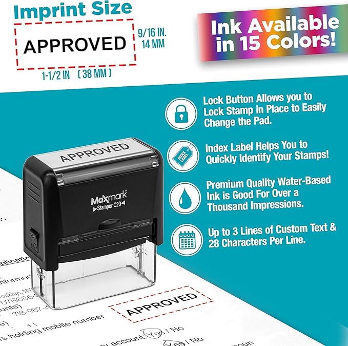 MaxMark Customized Self Inking Stamp - Up to 6 Lines of Text - Large & Wide Size - Choose from 15 Ink Colors