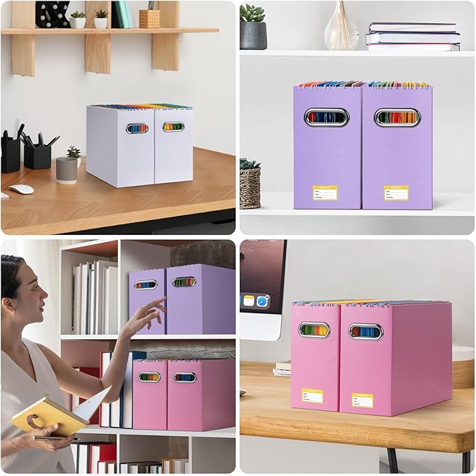 BALEINE File Organizer Box, Cardboard File Folder Organizer with Handle for Letter Size, Portable Collapsible Hanging Filing Box for Home Office Document Storage (2 Pack, Lavender)