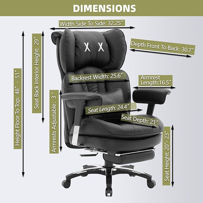 Efomao Big and Tall Office Chair with Footrest – High Back Computer Chair with Adjustable Armrests,Executive Office Chair with Wide Seat, Modern Desk Chair for Home Office, Gaming, or Study, Black