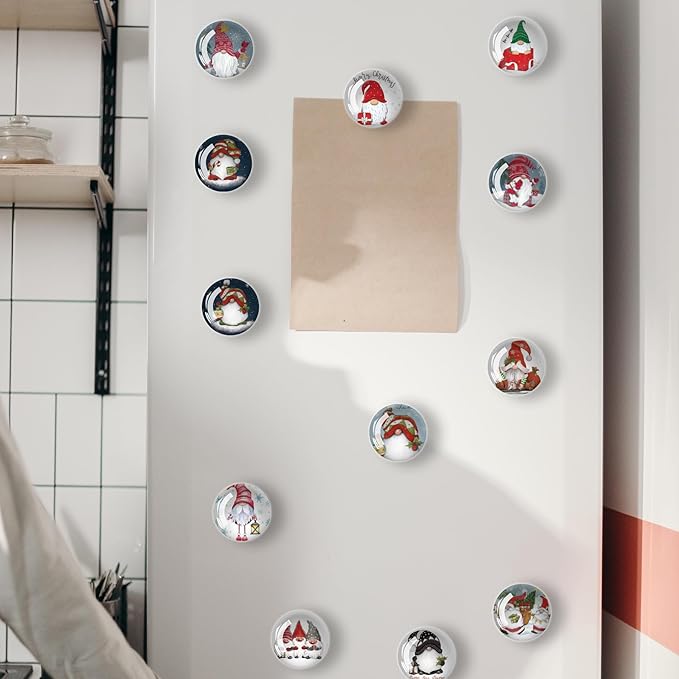 Christmas Gnomes Refrigerator Magnets 12Pcs Glass Strong Magnetic Refrigerator Magnet Fridge Sticker,Crystal Fridge Magnets Decoration for Crafts,Strong Fridge Magnets for Kitchen, School
