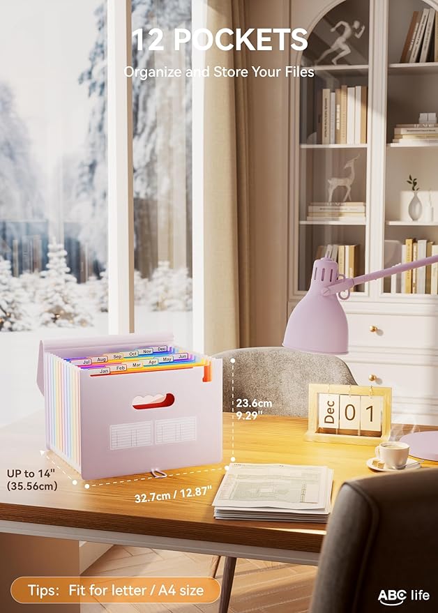 ABC life 12-Pocket Expandable Accordion File Organizer for Monthly Bills & Receipts - Portable A4/Letter Size Document Holder with Colored Tabs - Ideal for Home, Office & Travel folder- Pinkish Purple