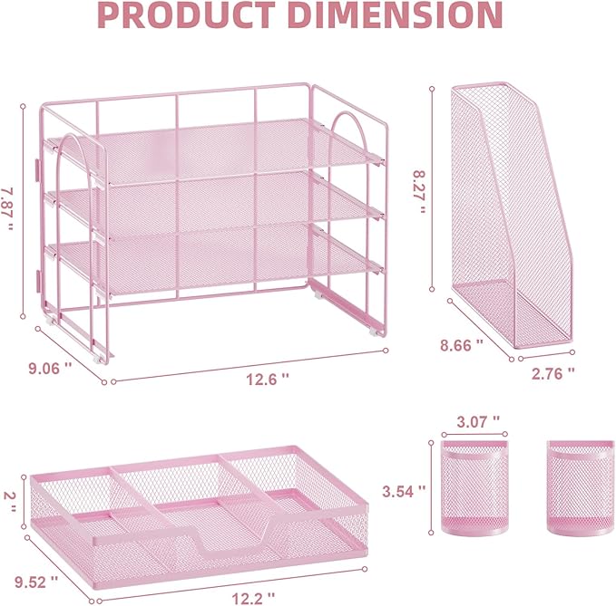 Marbrasse Desk Organizer and Accessories,4-Tier Paper Letter Tray Organizer with File Holder, Workspace Desk Organizers Accessories with Drawer and 2 Pen Holder (Pink, 15.4" x 9.1" x 8.3")