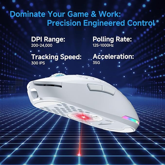 TMKB Wireless Mechanical Gaming Keyboard and Gaming Mouse, M1&T63, 24000DPI, RGB Backlit, 180Hrs Battery, 2.4G/BT5.2/USB-C Wired, Compact 63 Keys Anti-Ghosting-White