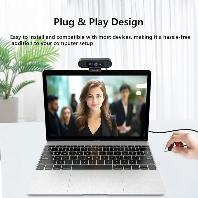Window Hello Webcam, 1080P 30fps Camera with Noise-reducing Mic, Plug & Play, 90° Wide Angle, Built-in Privacy Cover, 360° Rotation Pan & 90° Tilt, Perfect for Zoom, Google Meet, Microsoft Teams