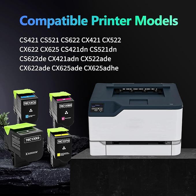 78C1X CS421 CX522 CS521 Toner Cartridge Extra High Yield Compatible for Lexmark CS421 CS521 CS622 CX522 CX421 CX622 CX625 Printer with 78C1XK0 78C1XC0 78C1XM0 78C1XY0(4 Pack 78C1X Toner)