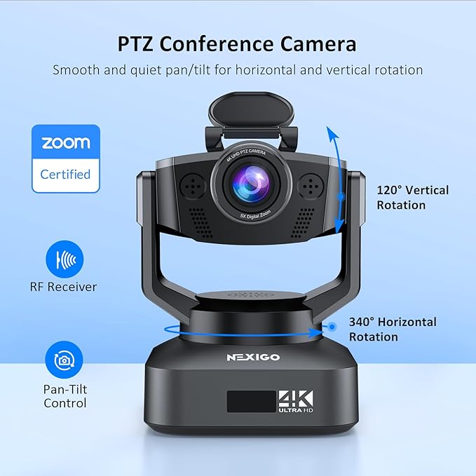 Zoom Certified, NexiGo N990 (Gen 2) 4K PTZ Webcam, Video Conference Camera System with 5X Digital Zoom, Sony_Starvis Sensor, Position Preset, Dual Stereo Mics, 3.5mm Audio Jacks for External Mics